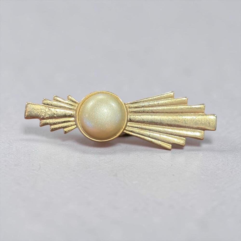 Vintage Gold Tone Faux Pearl Brooch Art Deco Sunburst Bar Pin